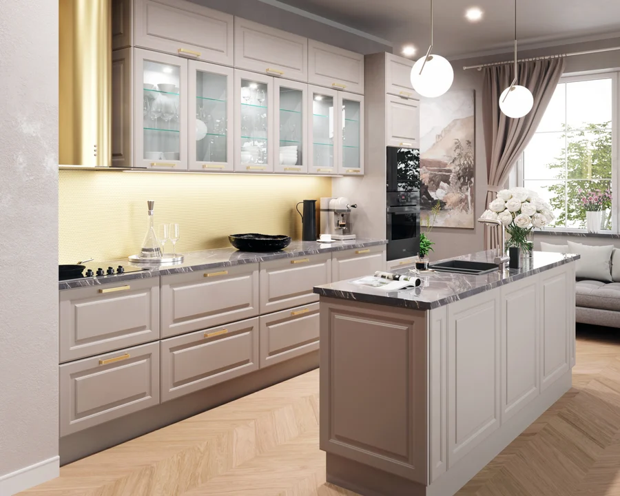Vera kitchen by Layman: Lacquered Barcelona or Malaga frames with glazing-bar cabinets