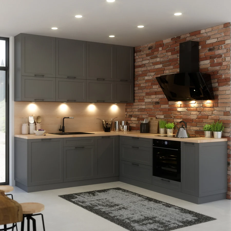 Navia kitchen by Layman: Slab and 5 cm framed fronts in one kitchen, open units and glazed cabinets (View 4)
