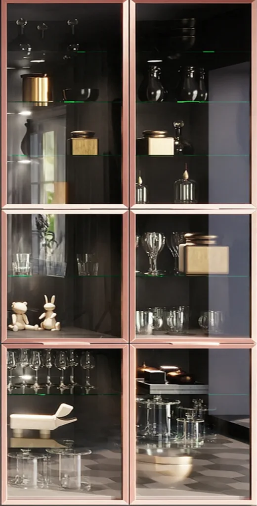 Vitrine mit kupferfarbenem Rahmen