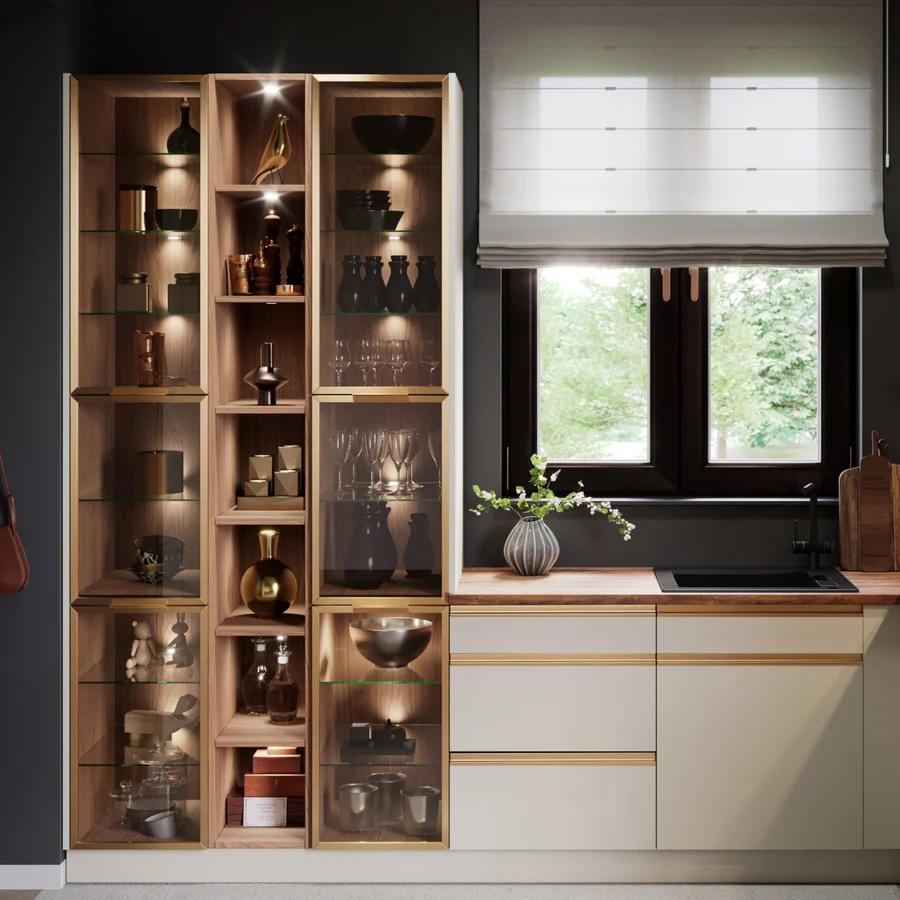 Küchenvitrinen Italia aus der Layman-Kollektion: Glasvitrinen mit goldenem, kupferfarbenem oder schwarzem Rahmen (Ansicht 7)