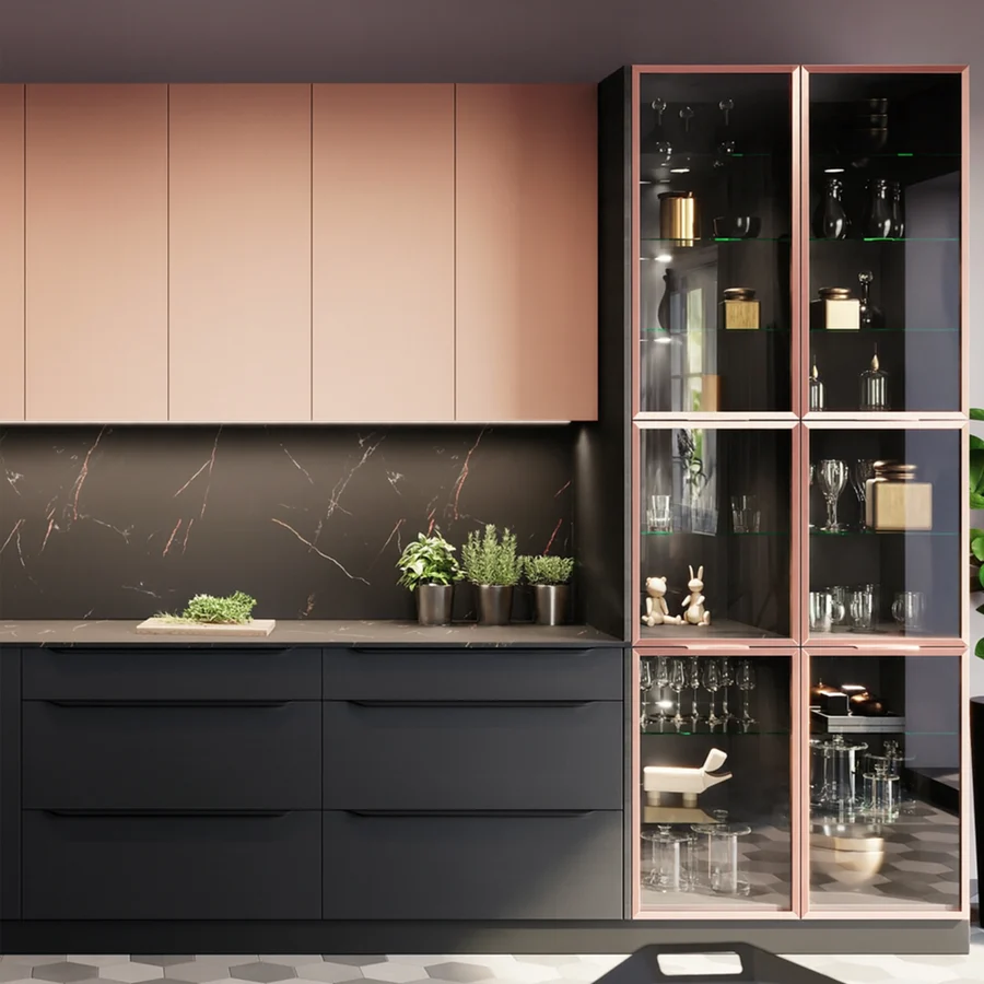 Küchenvitrinen Italia aus der Layman-Kollektion: Glasvitrinen mit goldenem, kupferfarbenem oder schwarzem Rahmen (Ansicht 6)
