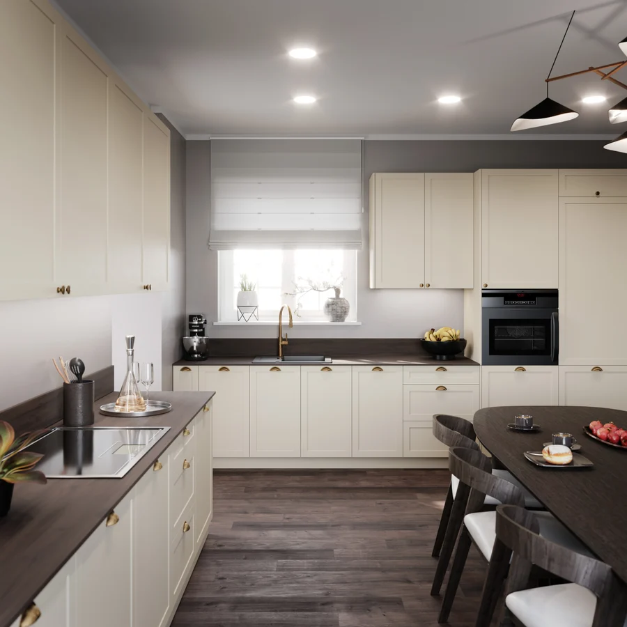 Navia kitchen by Layman: Slab and 5 cm framed fronts in one kitchen, open units and glazed cabinets